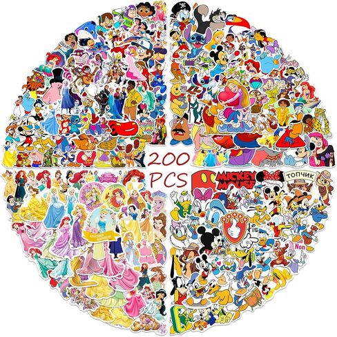 200PCS Mixed Cartoon Stickers Pack, Cute Cartoon Princess & Mickey Vinyl Stickers, Waterproof PVC Decals for Water Bottle, Laptop, Scrapbooking, Kids & Adults (DSN200) in Saudi Arabia