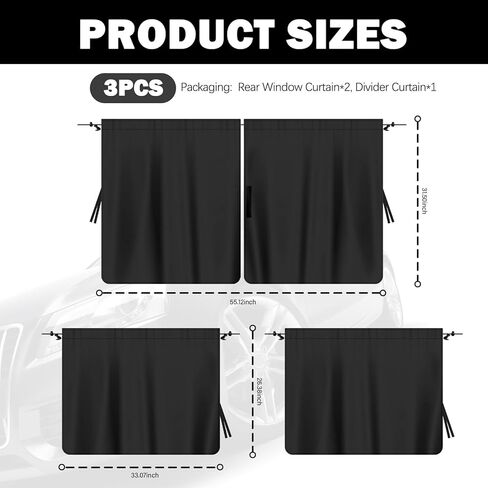 3PCS Car Privacy Curtains,Black Coated Car Window Shades Kit with Rear Window & Divider Curtain,Portable Cars Windows Curtains for Privacy and Lower Interior Temperature in Kuwait