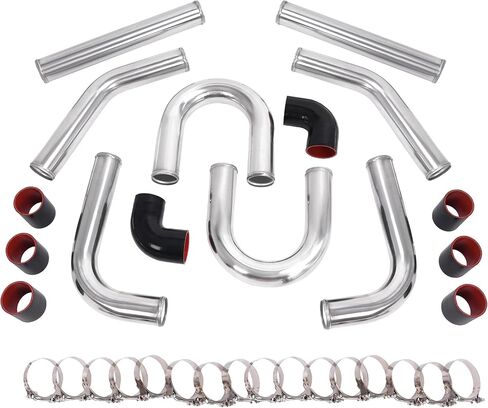 ALMULOO 2.5" 8Pcs Universal Aluminum Turbo Intercooler Piping Kit w/U Pipe, Black Silicone Couplers & Stainless Steel T-Bolt Clamps Polished Silver Aluminum Pipe Set in Kuwait