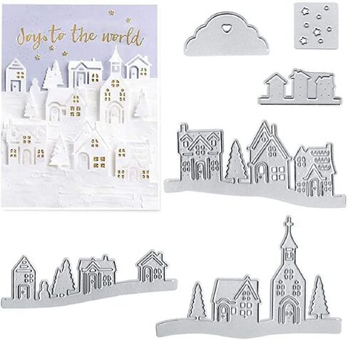 Village House Cutting Dies Set, Tree Star Cloud City Die Cuts for Card Making Winter Holiday Family Dies Stencil Embossing Tool Scrapbooking DIY Etched Craft Dies in Kuwait