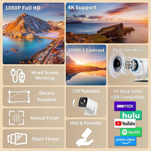 جهاز عرض صغير مع دعم 4K، جهاز عرض محمول مع التركيز الكهربائي وحجر المفاتيح، حامل قابل للدوران 270 درجة، جهاز عرض أفلام قصير المدى للمنزل والخارج متوافق مع عصا التلفزيون والهاتف والكمبيوتر المحمول in Kuwait