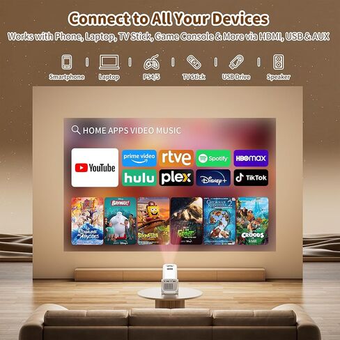 جهاز عرض صغير مع دعم 4K، جهاز عرض محمول مع التركيز الكهربائي وحجر المفاتيح، حامل قابل للدوران 270 درجة، جهاز عرض أفلام قصير المدى للمنزل والخارج متوافق مع عصا التلفزيون والهاتف والكمبيوتر المحمول in Kuwait