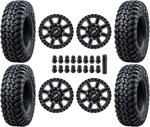 Tusk Set of 28x10-14 Tusk TERRABITE 8-Ply Radial UTV Tires mounted on CASCADE Wheels - Compatible with POLARIS applications - 4/156 bolt pattern -with Lug Nuts (5+2 Wheel Offset, Machined/Black) in Kuwait