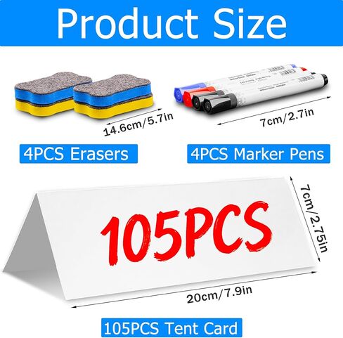 105 Pcs Dry Erase Name Tents for Meetings 7.9'' x 5.5'' Fold Table Tent Cards Reusable Name Tents for Tables with 4 Markers & 4 Erasers, Dry Erase Name Plates for Classroom Office Wedding in Saudi Arabia