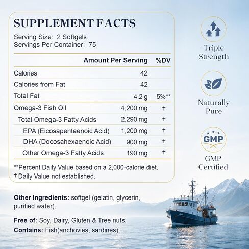 Omega-3 Fish Oil Supplements 4200mg– Triple Strength, Mini Softgels, High Purity EPA & DHA for Brain, Heart & Eye Health, Wild-Caught, Burpless, Non-GMO, Third-Party Tested | 150 Softgels in Saudi Arabia