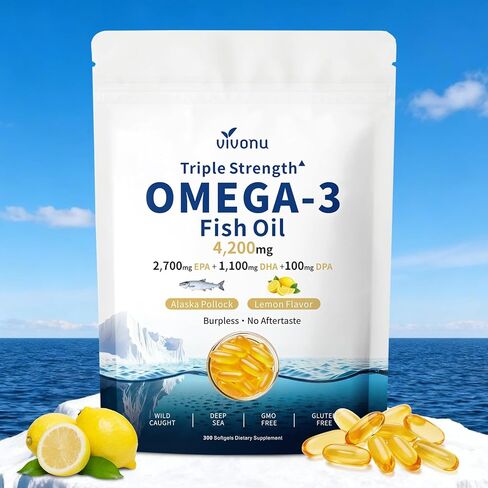 VivoNu Triple Strength Omega 3 Fish Oil - 4200mg, 300 Softgels | Enteric-Coated for No Fishy Aftertaste | Wild-Caught | Third-Party Tested in Kuwait