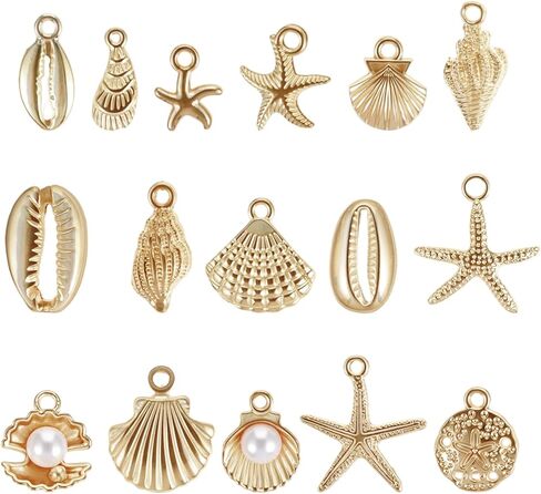 16Pcs Beach Charms, Summer Pendant Starfish Seashells Conches Ocean Charms for Jewelry Making, Alloy Charm Pendants for Bracelets Necklaces Earrings Keychain DIY Crafts Accessories, Gold in Kuwait
