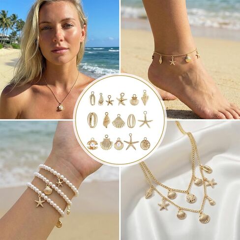 16Pcs Beach Charms, Summer Pendant Starfish Seashells Conches Ocean Charms for Jewelry Making, Alloy Charm Pendants for Bracelets Necklaces Earrings Keychain DIY Crafts Accessories, Gold in Kuwait