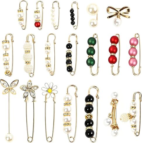 20 Pieces Pearl Crystal Brooch Safety Pins, Pant Waist Tightener & Junk Socks Charms Kit, Decorative Decoration Accessories for Women for Sweater, Shirts, Dresses,Shawls,Jeans, Bags and Hats in Kuwait