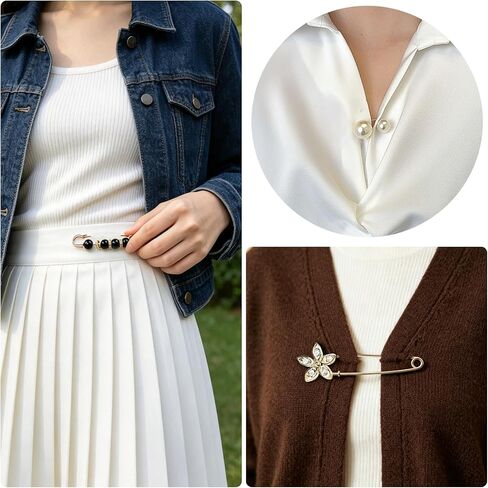 20 Pieces Pearl Crystal Brooch Safety Pins, Pant Waist Tightener & Junk Socks Charms Kit, Decorative Decoration Accessories for Women for Sweater, Shirts, Dresses,Shawls,Jeans, Bags and Hats in Kuwait