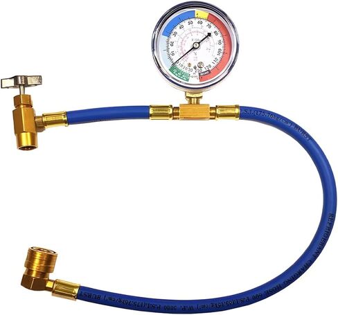 R134A طقم خرطوم شحن مبرد السيارة AC، 1/2 بوصة يمكن فتاحة خرطوم إعادة شحن مكيف هواء السيارة مع مقياس، طقم قياس ضغط التيار المتردد للسيارات، عالمي للمركبات in Kuwait