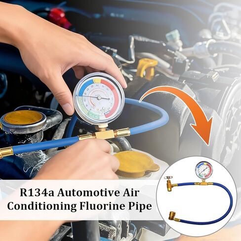 R134A طقم خرطوم شحن مبرد السيارة AC، 1/2 بوصة يمكن فتاحة خرطوم إعادة شحن مكيف هواء السيارة مع مقياس، طقم قياس ضغط التيار المتردد للسيارات، عالمي للمركبات in Kuwait