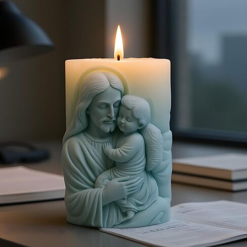Religious Cylinder Candle Mold Jesus Holding Angel Relief Design Silicone Candle Molds for Candles Making Resin Casting Aromatherapy Candles Handmade Wax Home Decor in Kuwait