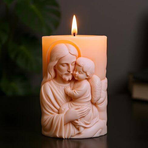 Religious Cylinder Candle Mold Jesus Holding Angel Relief Design Silicone Candle Molds for Candles Making Resin Casting Aromatherapy Candles Handmade Wax Home Decor in Kuwait