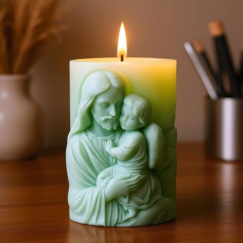 Religious Cylinder Candle Mold Jesus Holding Angel Relief Design Silicone Candle Molds for Candles Making Resin Casting Aromatherapy Candles Handmade Wax Home Decor in Kuwait