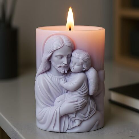 Religious Cylinder Candle Mold Jesus Holding Angel Relief Design Silicone Candle Molds for Candles Making Resin Casting Aromatherapy Candles Handmade Wax Home Decor in Kuwait