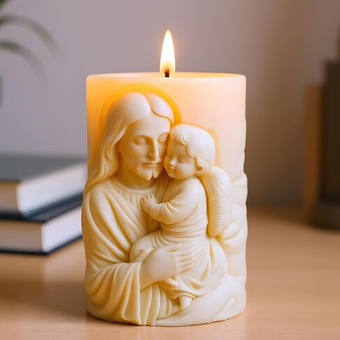 Religious Cylinder Candle Mold Jesus Holding Angel Relief Design Silicone Candle Molds for Candles Making Resin Casting Aromatherapy Candles Handmade Wax Home Decor in Kuwait