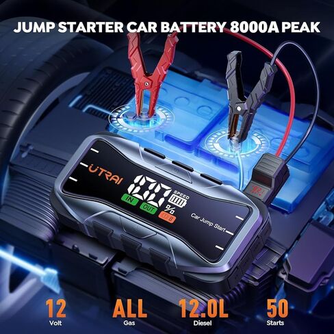 UTRAI 8000A Portable Car Jump Starter, 12V Battery Jumper for All Gas & 12L Diesel Engines, 27000mAh Jump Box with 65W USB-C Fast Charging, 2 USB & DC Output Jump Pack, 600LM LED Flashlight in Saudi Arabia