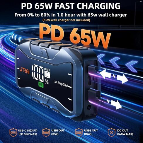 UTRAI 8000A Portable Car Jump Starter, 12V Battery Jumper for All Gas & 12L Diesel Engines, 27000mAh Jump Box with 65W USB-C Fast Charging, 2 USB & DC Output Jump Pack, 600LM LED Flashlight in Saudi Arabia