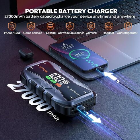 UTRAI 8000A Portable Car Jump Starter, 12V Battery Jumper for All Gas & 12L Diesel Engines, 27000mAh Jump Box with 65W USB-C Fast Charging, 2 USB & DC Output Jump Pack, 600LM LED Flashlight in Saudi Arabia