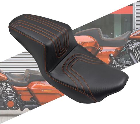 مقعد واحد من قطعة واحدة للسائق والراكب مناسب لدراجة Harley Touring CVO Road Glide FLTR Street Glide FLHX Road King FLHR Electra Glide Ultra Limited FLHT 2009-2023 (خياطة برتقالية) in Kuwait