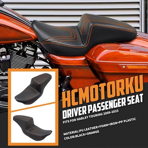 مقعد واحد من قطعة واحدة للسائق والراكب مناسب لدراجة Harley Touring CVO Road Glide FLTR Street Glide FLHX Road King FLHR Electra Glide Ultra Limited FLHT 2009-2023 (خياطة برتقالية) in Kuwait
