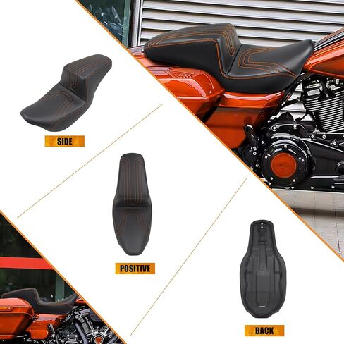 مقعد واحد من قطعة واحدة للسائق والراكب مناسب لدراجة Harley Touring CVO Road Glide FLTR Street Glide FLHX Road King FLHR Electra Glide Ultra Limited FLHT 2009-2023 (خياطة برتقالية) in Kuwait