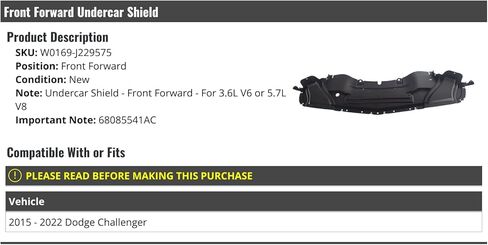 Front Forward Undercar Lower Engine Shield Cover - Compatible with 2015-2022 Dodge Challenger 3.6L V6 5.7L V8 in Kuwait