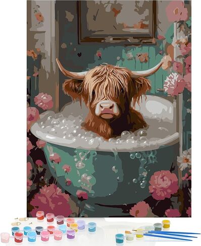 YULIDECO Highland Cow Paint by Numbers for Adults,Bathroom Adult Paint by Number Kits on Canvas, DIY Acrylic Oil Easy Painting by Numbers for Home Wall Decor(12x16Inch) in Saudi Arabia