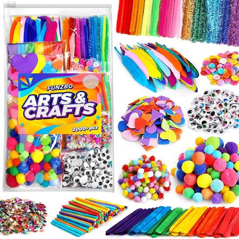 funzbo 2000pcs + مجموعات لوازم الفنون والحرف اليدوية للأطفال، لوازم الحرف اليدوية للأطفال الصغار أدوات توريد الفن مجموعة منظفات الأنابيب، بوم بومس والريش، هدايا عيد ميلاد للأطفال الفتيات الذين تتراوح أعمارهم بين 4-8-12 in Kuwait