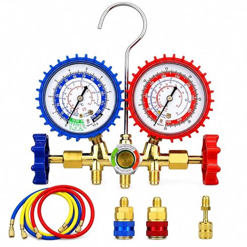 AC Recharge Kit R134A, HVAC Gauges 3-Way Manifold Set for R134a R12 R22 R502 – 4FT 3-Color Hoses, R410a Adapter & 2 Quick Couplers, AC Gauge Set for Auto & Home, R22 Refrigerant for Home AC in Saudi Arabia
