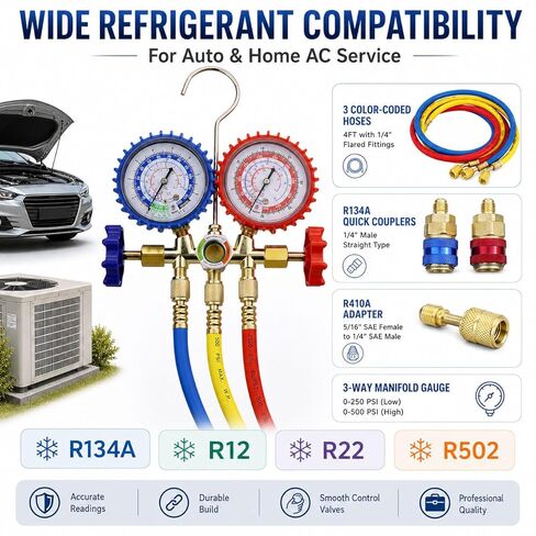 AC Recharge Kit R134A, HVAC Gauges 3-Way Manifold Set for R134a R12 R22 R502 – 4FT 3-Color Hoses, R410a Adapter & 2 Quick Couplers, AC Gauge Set for Auto & Home, R22 Refrigerant for Home AC in Saudi Arabia