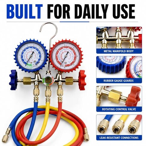 AC Recharge Kit R134A, HVAC Gauges 3-Way Manifold Set for R134a R12 R22 R502 – 4FT 3-Color Hoses, R410a Adapter & 2 Quick Couplers, AC Gauge Set for Auto & Home, R22 Refrigerant for Home AC in Saudi Arabia