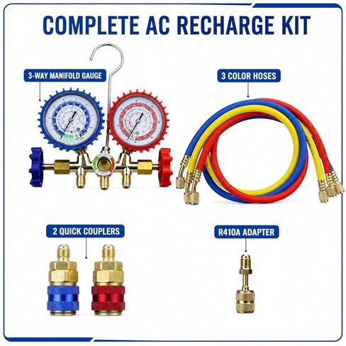 AC Recharge Kit R134A, HVAC Gauges 3-Way Manifold Set for R134a R12 R22 R502 – 4FT 3-Color Hoses, R410a Adapter & 2 Quick Couplers, AC Gauge Set for Auto & Home, R22 Refrigerant for Home AC in Saudi Arabia