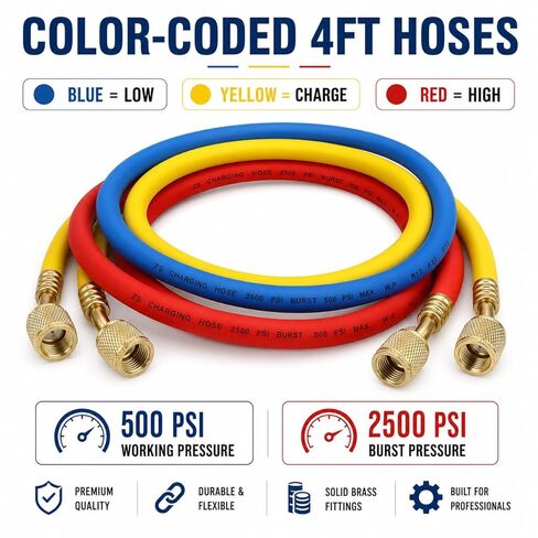 AC Recharge Kit R134A, HVAC Gauges 3-Way Manifold Set for R134a R12 R22 R502 – 4FT 3-Color Hoses, R410a Adapter & 2 Quick Couplers, AC Gauge Set for Auto & Home, R22 Refrigerant for Home AC in Saudi Arabia