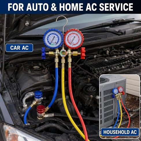 AC Recharge Kit R134A, HVAC Gauges 3-Way Manifold Set for R134a R12 R22 R502 – 4FT 3-Color Hoses, R410a Adapter & 2 Quick Couplers, AC Gauge Set for Auto & Home, R22 Refrigerant for Home AC in Saudi Arabia