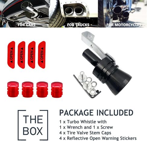 Turbo Exhaust Whistle for Cars, Trucks & SUVs – Universal Aluminum Muffler Whistle Creates Turbo Sound, Easy 5-Minute Installation, Includes 4 Valve Caps & 4 Warning Stickers in Saudi Arabia