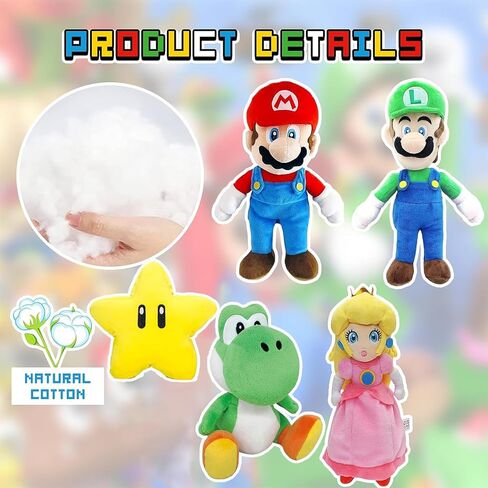 Felskin 6PCS Mario Plush Toy Set, Cute Character Stuffed Dolls Including Mario Luigi Peach Toad Yoshi Egg, Soft Plush Figure Collection Gift for Fans Room Decor,9.8in in Kuwait