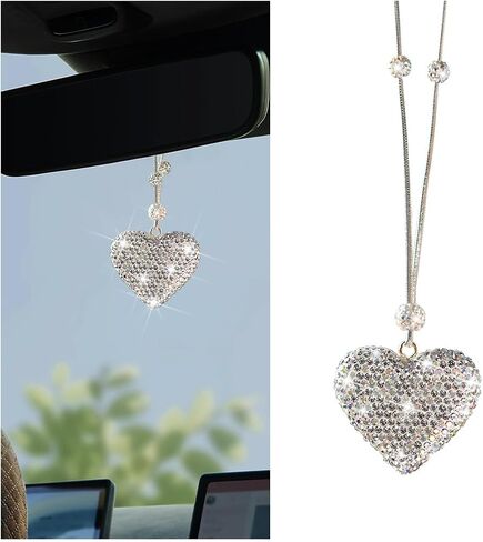 Zpana Bling Heart Car Hanging Accessories, Crystal Rhinestone Love Heart Vehicle Rear View Mirror Pendant Ornament for Women Girls, Auto Interior Mirror Charm Decor, Universal Fit (White) in Kuwait