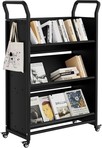 Book Cart, Rolling Library Book Cart with V-Shaped Shelves, Rolling Bookshelf Utility Cart with 4 Locking Wheels, 3 Tier Portable Library Cart for Home Shelves Office and School,Easy Assembly, Black in Kuwait