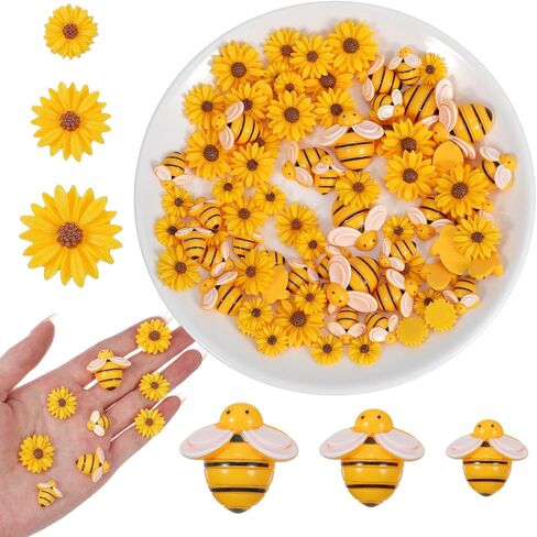 80 Pcs Resin Bees Daisy Flowers Decor, Bumblebee Sunflower Embellishments with Storage Box for DIY Crafts, Wreath, Scrapbooking, Party Home Decorations, 3 Sizes in Kuwait