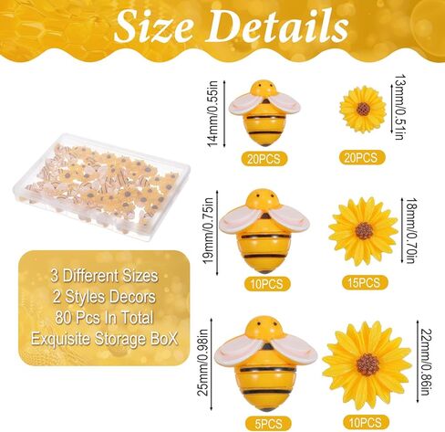 80 Pcs Resin Bees Daisy Flowers Decor, Bumblebee Sunflower Embellishments with Storage Box for DIY Crafts, Wreath, Scrapbooking, Party Home Decorations, 3 Sizes in Kuwait