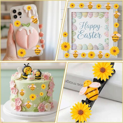 80 Pcs Resin Bees Daisy Flowers Decor, Bumblebee Sunflower Embellishments with Storage Box for DIY Crafts, Wreath, Scrapbooking, Party Home Decorations, 3 Sizes in Kuwait