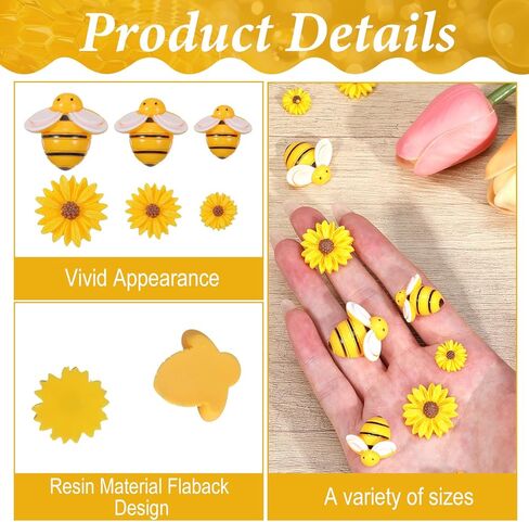 80 Pcs Resin Bees Daisy Flowers Decor, Bumblebee Sunflower Embellishments with Storage Box for DIY Crafts, Wreath, Scrapbooking, Party Home Decorations, 3 Sizes in Kuwait