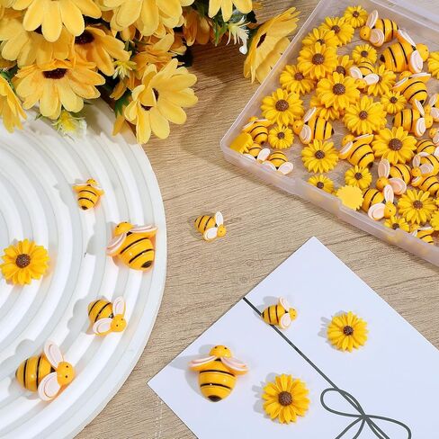80 Pcs Resin Bees Daisy Flowers Decor, Bumblebee Sunflower Embellishments with Storage Box for DIY Crafts, Wreath, Scrapbooking, Party Home Decorations, 3 Sizes in Kuwait