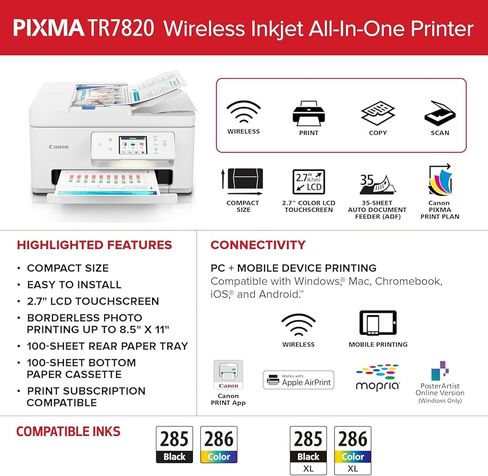 طابعة Canon PIXMA TR7820 الكل في واحد نافثة للحبر للمكتب المنزلي والعمل المدرسي والمستندات والملصقات والصور والحرف اليدوية والطباعة اللاسلكية من الأجهزة (6258C002) + كابل الطابعة + مجموعة التنظيف (حزمة 6 قطع) in Kuwait