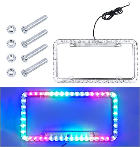 12V 48 LED Color Light License Plate Frame, Acrylic Plastic Car License Plate Cover with Bright Warning Lights, Decorative Waterproof Tag Frame for Most Vehicles, Car Accessories (Colorful) in Kuwait