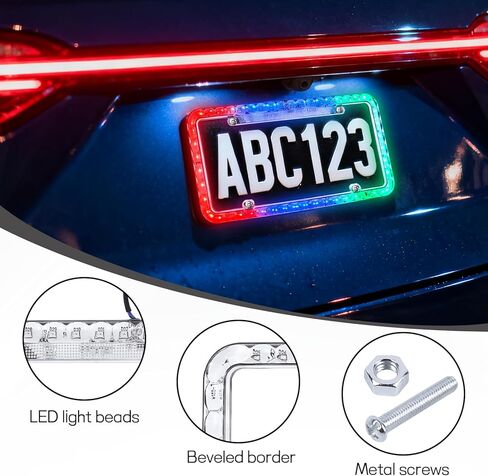 12V 48 LED Color Light License Plate Frame, Acrylic Plastic Car License Plate Cover with Bright Warning Lights, Decorative Waterproof Tag Frame for Most Vehicles, Car Accessories (Colorful) in Kuwait