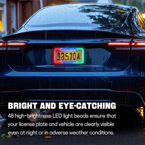 12V 48 LED Color Light License Plate Frame, Acrylic Plastic Car License Plate Cover with Bright Warning Lights, Decorative Waterproof Tag Frame for Most Vehicles, Car Accessories (Colorful) in Kuwait