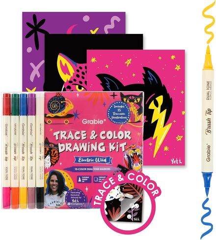 Grabie Trace and Color Drawing Kit, Beginner Friendly All-in-One Tracing Art Set with Acrylic Dual Tip Markers, 15 Pre-Printed Designs, Vellum Paper, Creative Hobby Kit, Artist Collaboration Yeti in Saudi Arabia